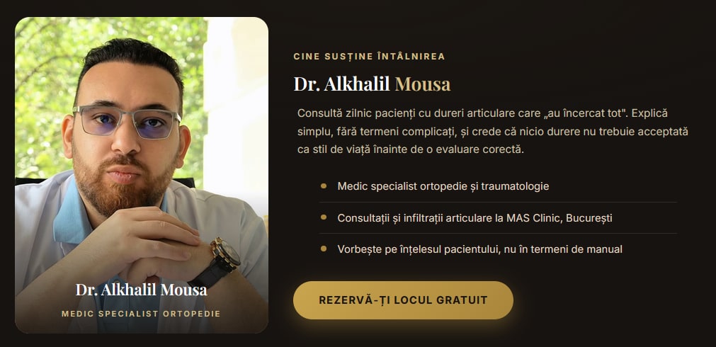 Invitația la webinarul de ortopedie al unei clinici partenere, cu medicul ortoped
