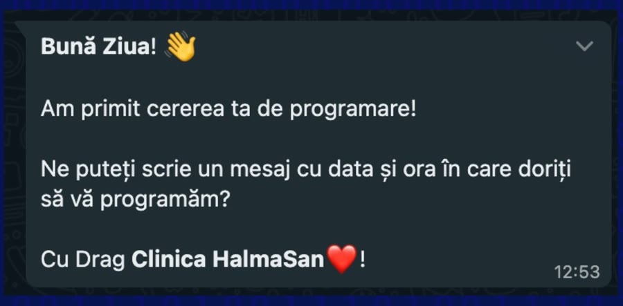 Mesajul trimis pe WhatsApp de Clinica HalmaSan după formular