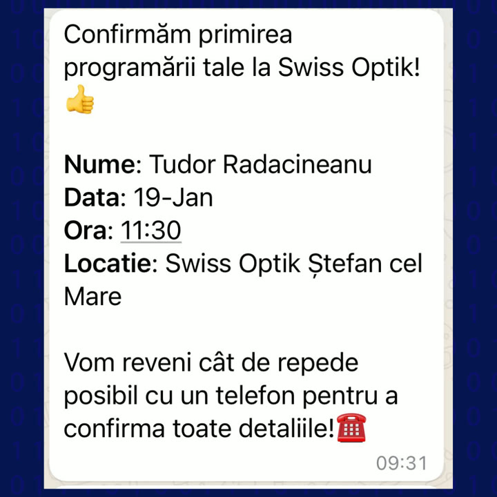 Mesajul de confirmare a programării trimis pe WhatsApp de Swiss Optik